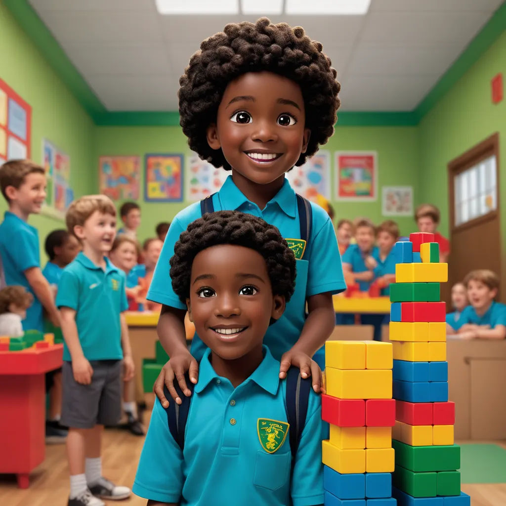 a couple of kids standing next to each other in a room with legos on the floor and children in the background, photorealism, poster art, Felix-Kelly, promotional image