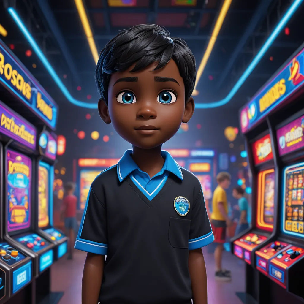 a boy in a black shirt and blue shirt standing in front of slot machines in a casino room with neon lights, photorealism, concept art, Chris LaBrooy, rendered in unreal engine 5