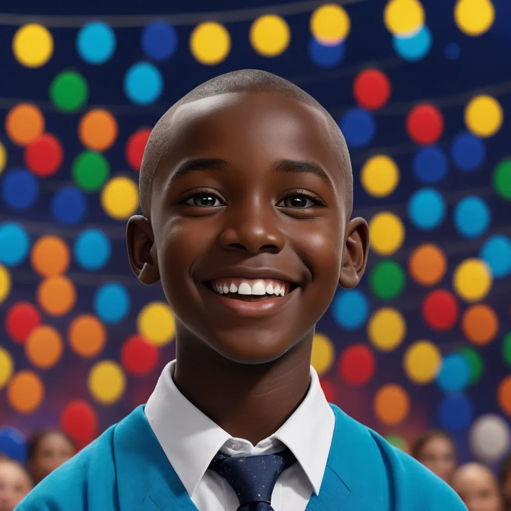 a cartoon boy wearing a blue suit and tie with a crowd of people in the background with balloons in the air, kinetic pointillism, a photorealistic painting, Chris LaBrooy, highly detailed digital painting
