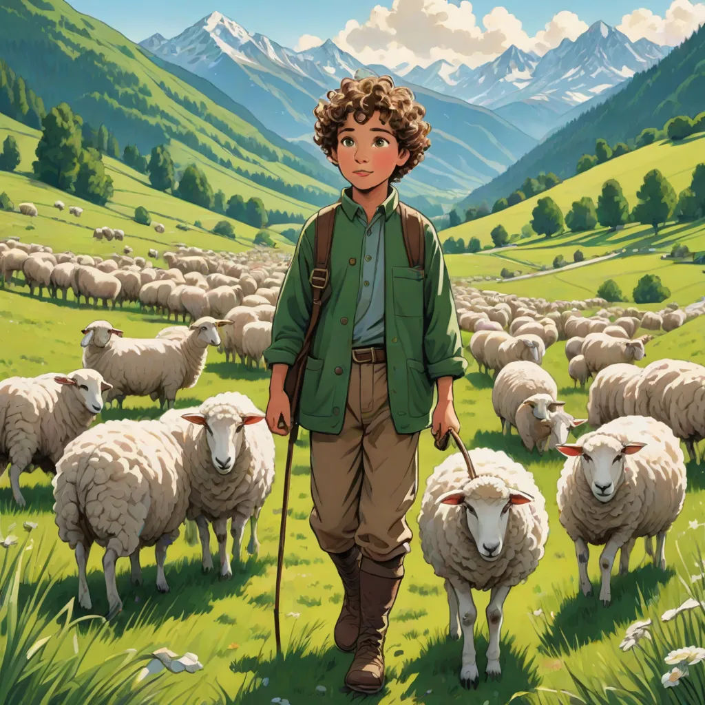 a painting of a boy with a stick in a field of sheep with mountains in the background and a mountain range in the distance, les automatistes, a storybook illustration, Brothers Hildebrandt, official art