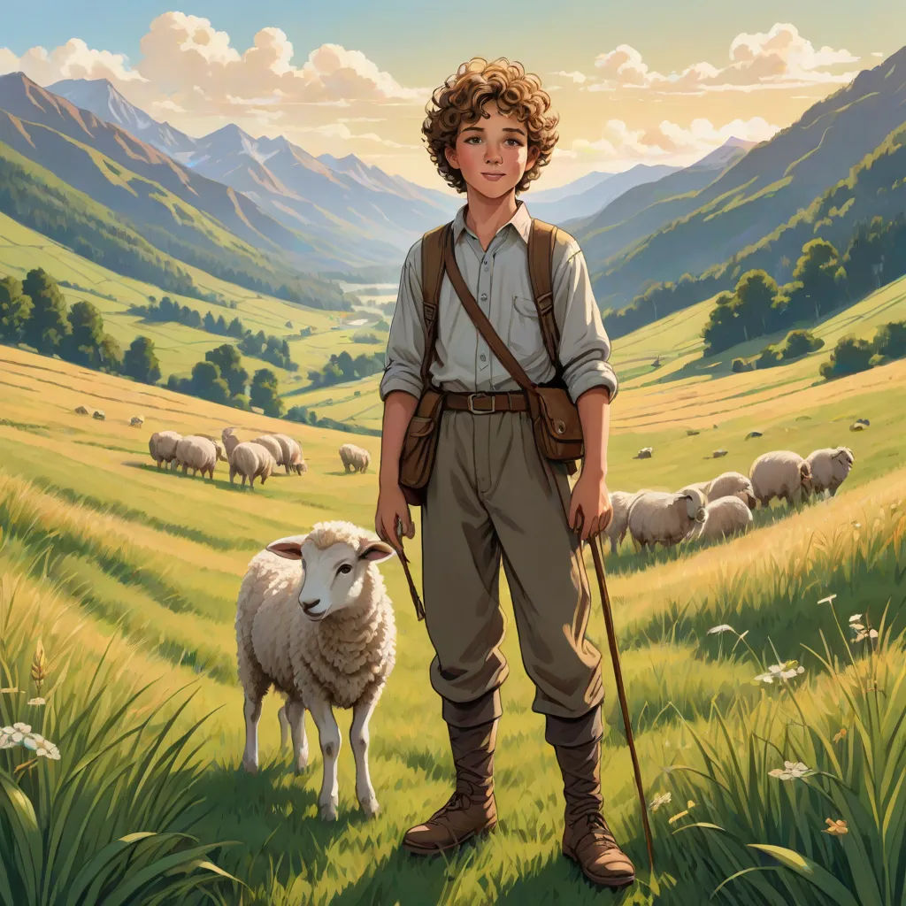 a painting of a boy with a stick and a sheep in a field with mountains in the background and clouds in the sky, fantasy art, a storybook illustration, Brothers Hildebrandt, official art