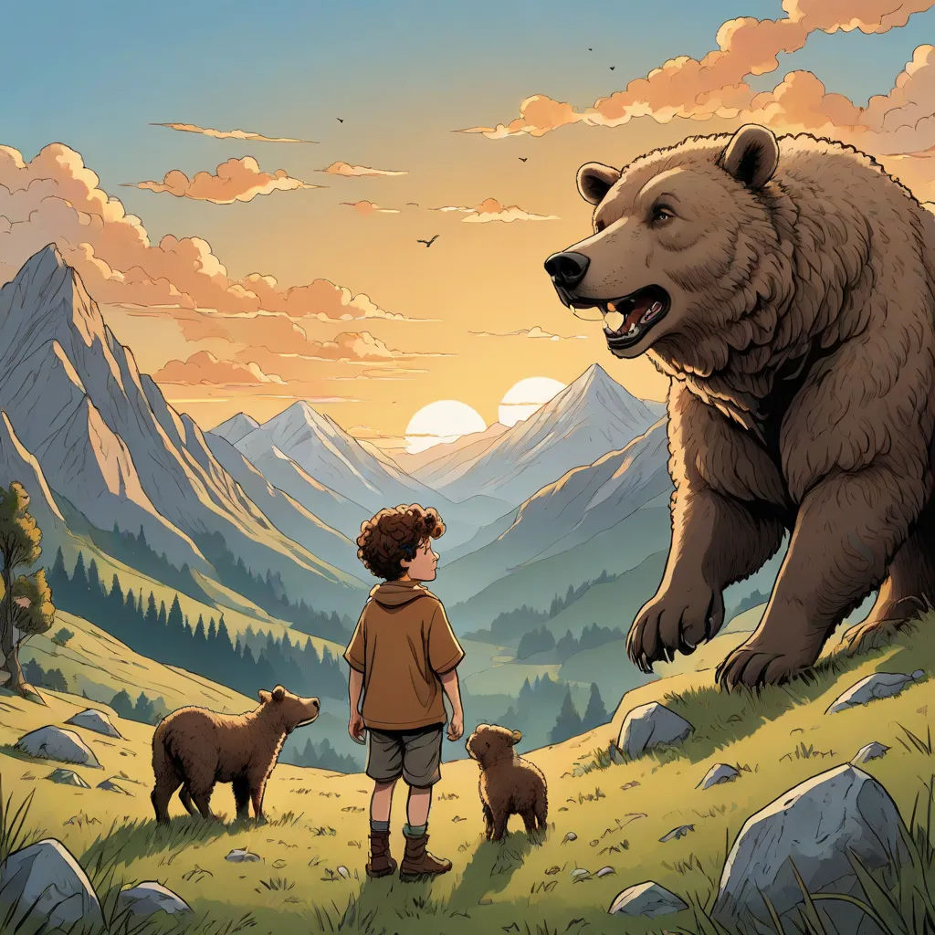 a boy standing in front of a bear and two bears in a mountain landscape with a sunset in the background, furry art, a storybook illustration, Aaron Jasinski, comic cover art