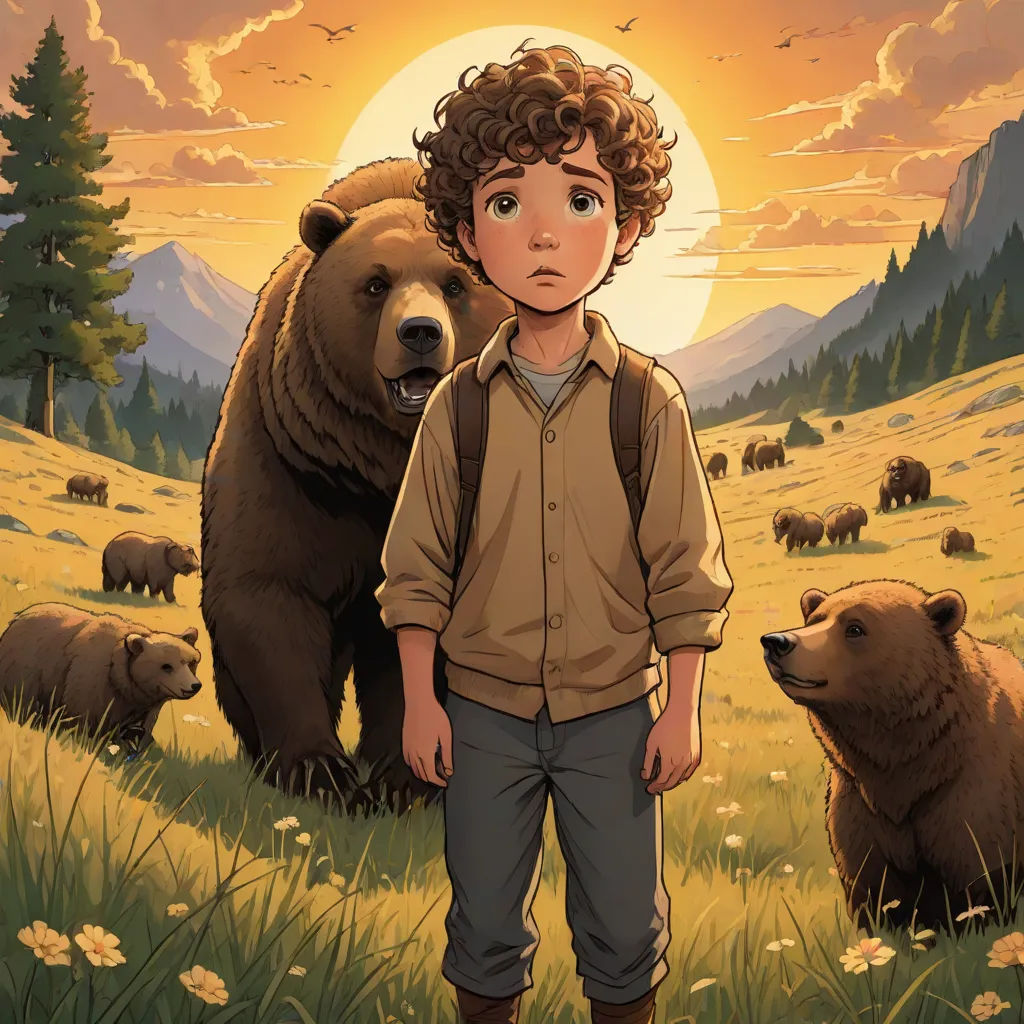 a boy standing in a field with bears in the background and a sunset in the background with clouds and sun, furry art, a storybook illustration, Aaron Jasinski, comic cover art