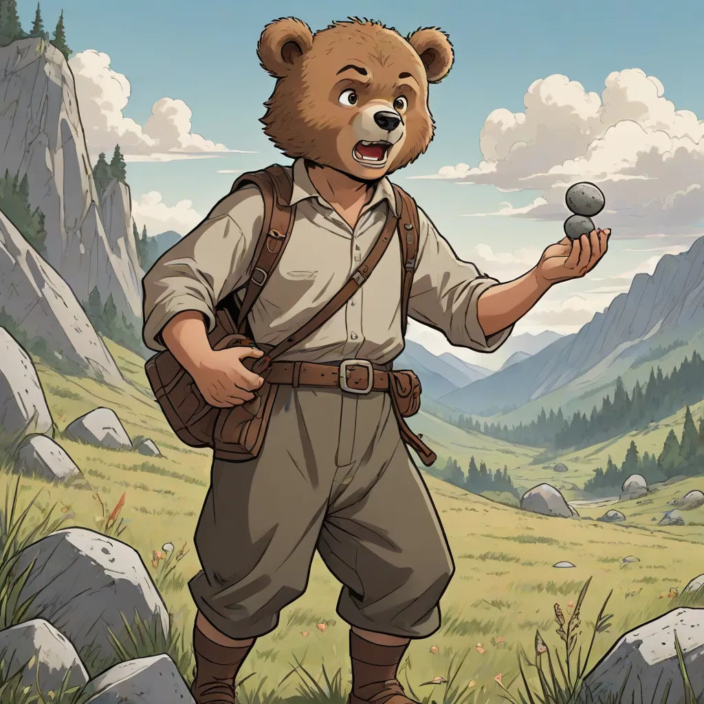 a bear is holding a stone in his hand and a bag on his shoulder is in the foreground, furry art, a character portrait, Bob Ross, official art