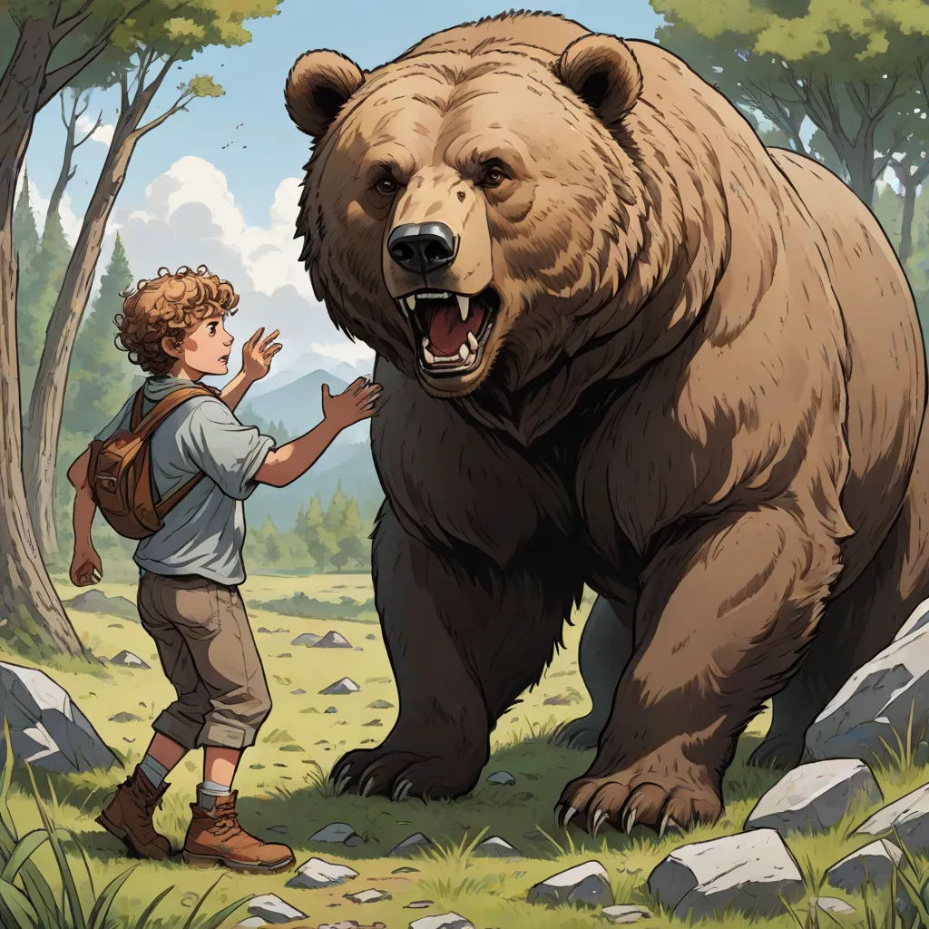 a boy standing next to a large bear in a forest with rocks and trees in the background and a boy standing next to it, furry art, a storybook illustration, Aaron Jasinski, magic the gathering artwork