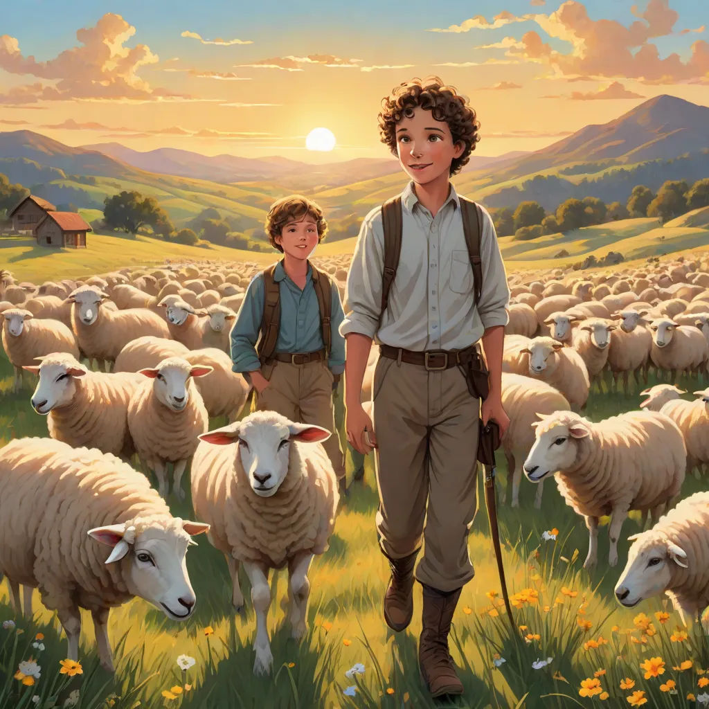 a painting of a boy and a boy with sheep in a field with a sunset in the background and a house in the background, american scene painting, a storybook illustration, Aaron Jasinski, official art
