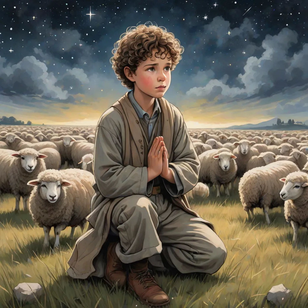 a painting of a boy kneeling in front of a herd of sheep with a star in the sky above, figurative art, a storybook illustration, Aaron Jasinski, storybook illustration