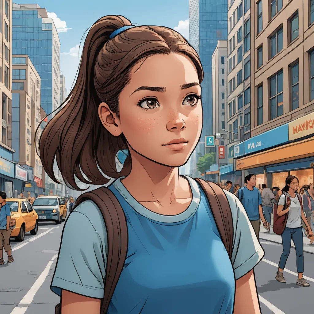 a woman with a backpack on a city street with people walking around her and a man walking down the street, american realism, a comic book panel, Artgerm, rossdraws global illumination