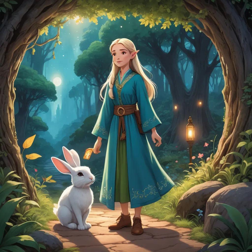a painting of a girl and a rabbit in a forest with a lantern in the background and a lantern in the foreground, fantasy art, a storybook illustration, Evaline Ness, official art
