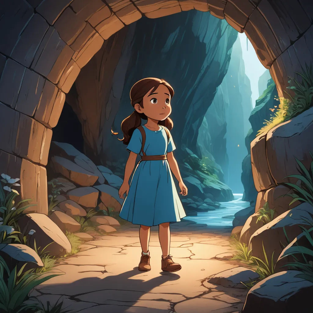 a girl in a blue dress standing in a tunnel with a stream in the background and a stone wall, fantasy art, a storybook illustration, Cliff Childs, rossdraws global illumination