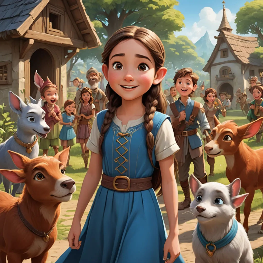 a girl in a blue dress standing next to a herd of animals and a dog in a village with a man in the background, furry art, poster art, Ada Gladys Killins, promotional image