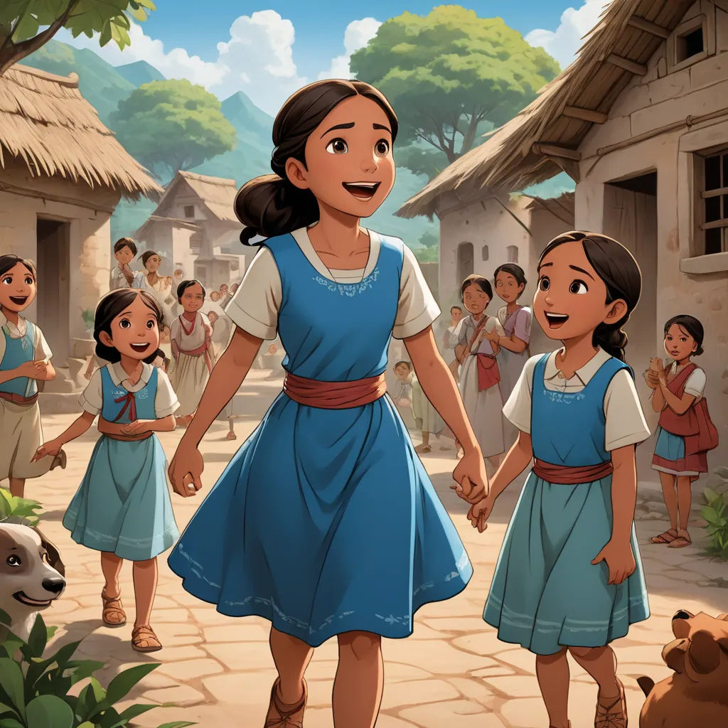 a cartoon of a girl and a girl holding hands in front of a village with a dog and a bear, primitivism, a storybook illustration, Ella Guru, official art
