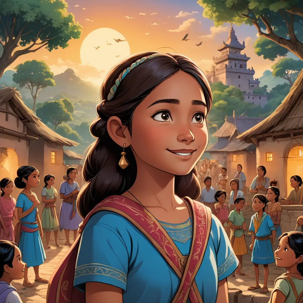 a cartoon of a girl in a blue dress and a crowd of people in a village with a pagoda, sots art, a storybook illustration, Ella Guru, kinkade