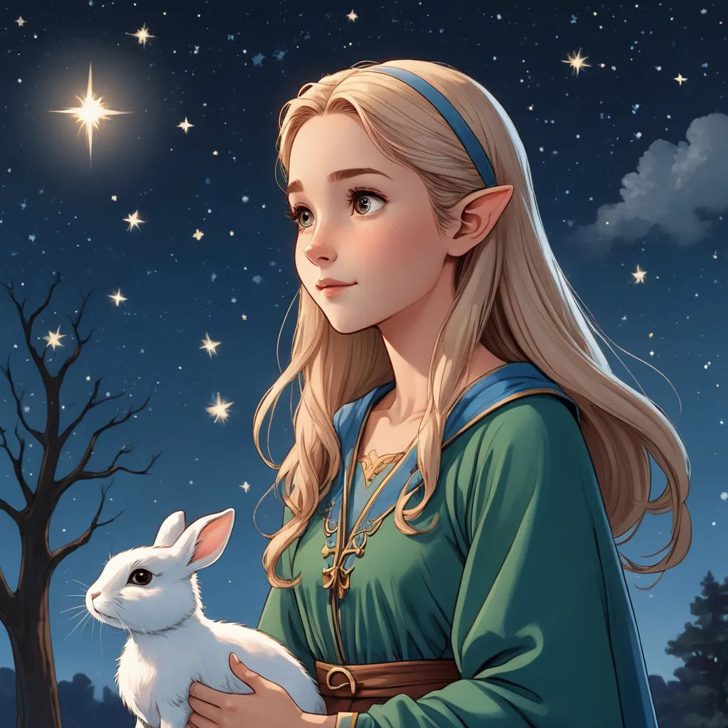 a girl holding a rabbit in her hands in front of a tree and stars in the sky at night, fantasy art, a storybook illustration, Alice Prin, storybook illustration