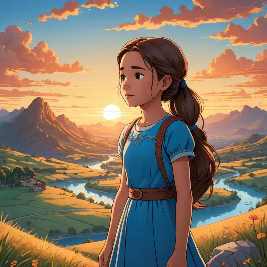 a girl in a blue dress standing in a field with a sunset in the background and a river running through the valley, sots art, a storybook illustration, Alice Prin, rossdraws global illumination
