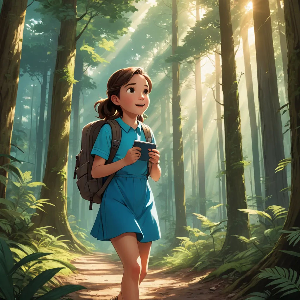 a girl in a blue dress is walking through the woods with a book in her hand and a backpack on her shoulder, fantasy art, a storybook illustration, Atey Ghailan, rossdraws global illumination