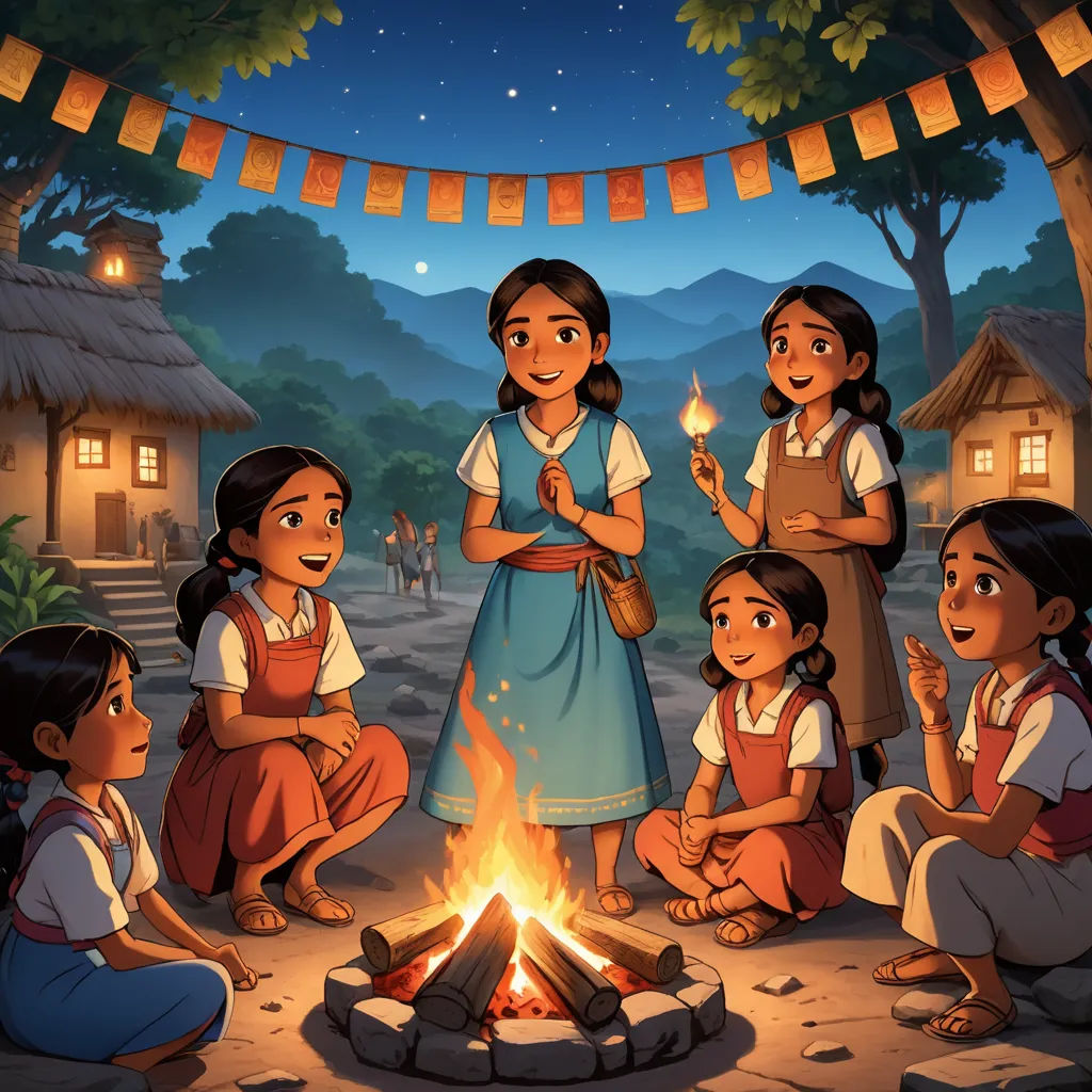 a group of children sitting around a fire in a village at night time with a woman holding a lit candle, samikshavad, a storybook illustration, Ella Guru, official art