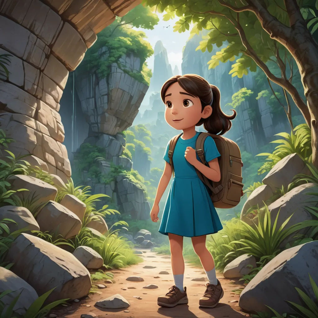 a girl with a backpack standing in a tunnel in the woods with rocks and trees on either side of her, serial art, a storybook illustration, Cliff Childs, rossdraws global illumination