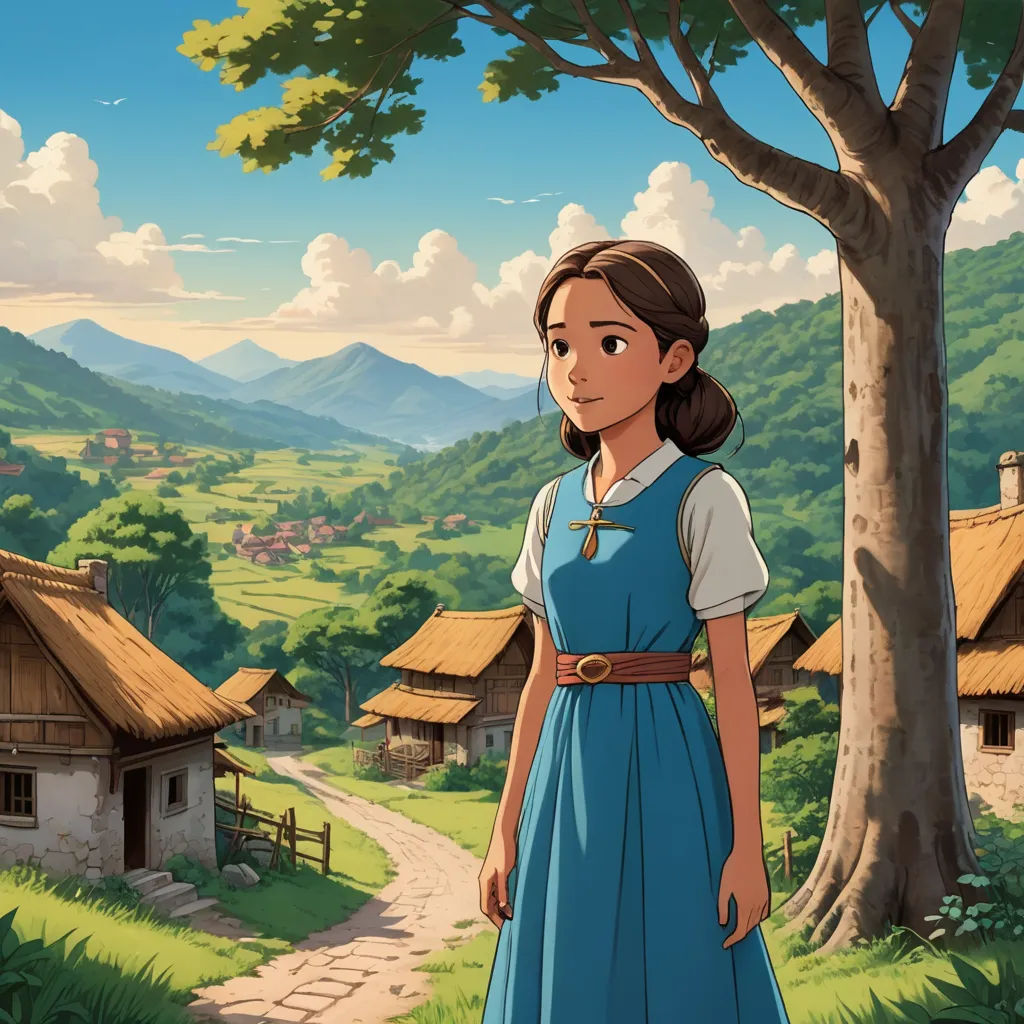 a girl in a blue dress standing in front of a tree and a small house with a thatched roof, american scene painting, a detailed matte painting, Anne Said, official art