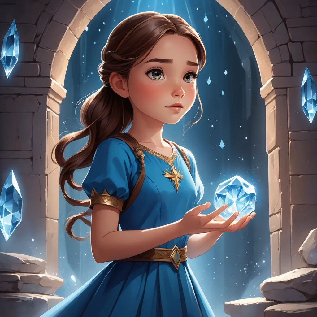 a girl in a blue dress holding a crystal ball in front of a doorway with a light shining on her, fantasy art, a storybook illustration, Artgerm, rossdraws global illumination