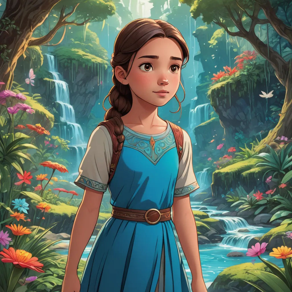 a girl in a blue dress standing in front of a waterfall and flowers in the forest with a waterfall in the background, fantasy art, a character portrait, Cliff Childs, official art