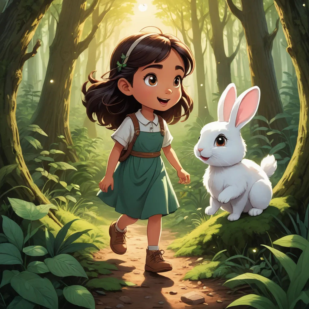 a girl in a forest with a rabbit in front of her, with a forest background, and sunlight shining through the trees, magical realism, a storybook illustration, Clarice Beckett, key art