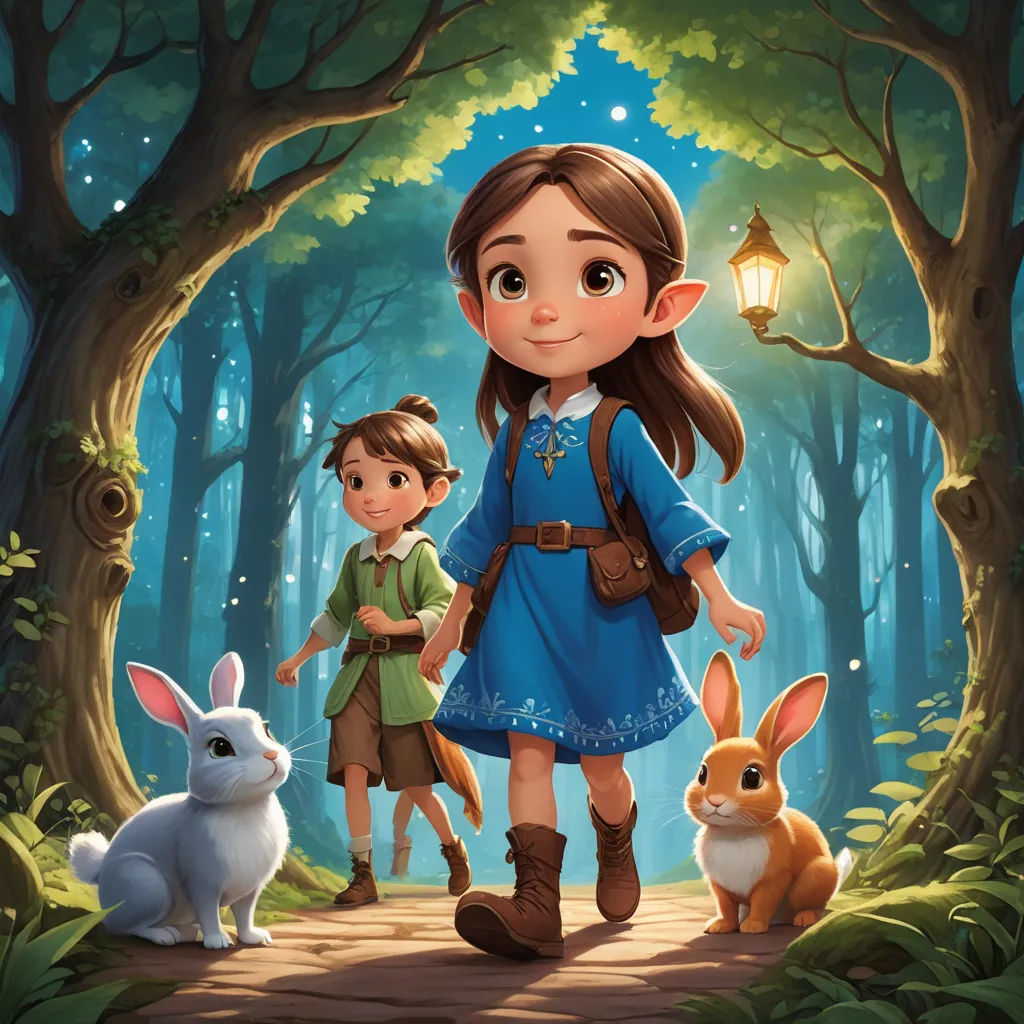 a painting of a girl and a boy walking through a forest with rabbits and a lantern on a post, fantasy art, a storybook illustration, Alice Prin, official art