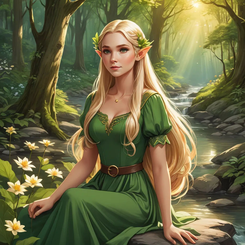 a painting of a woman in a green dress sitting on a rock in a forest with flowers in her hair, fantasy art, a character portrait, Anne Stokes, fantasy artwork