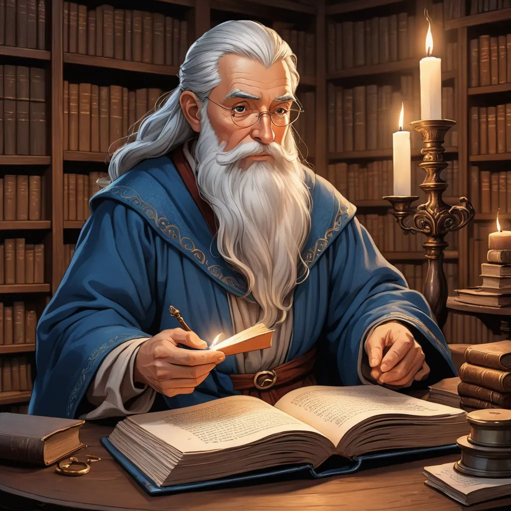 a man with a long white beard sitting at a table with a book and a candle in front of him, fantasy art, a character portrait, Christophe Vacher, fantasy character portrait