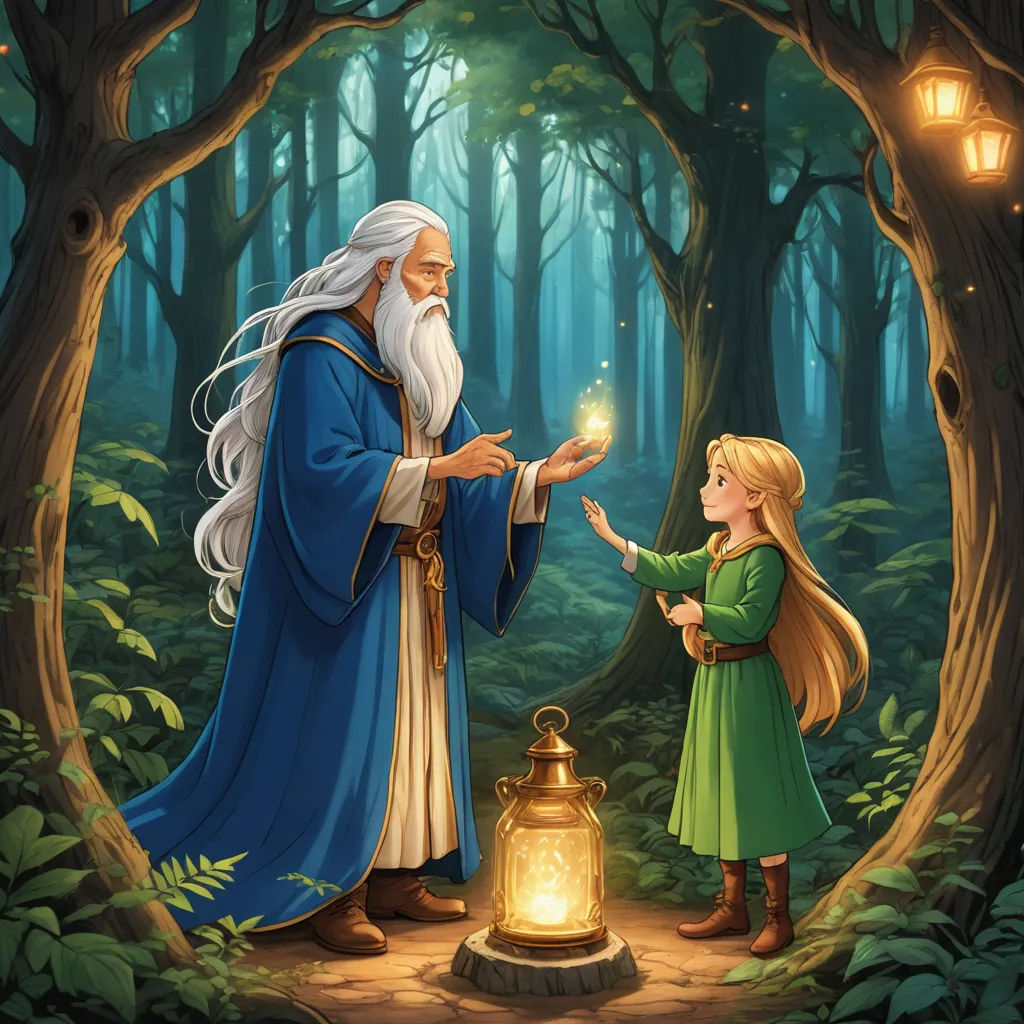 a little girl is looking at a wizard in the forest with a lantern in her hand and a wizard in the foreground, fantasy art, a storybook illustration, Anato Finnstark, storybook illustration