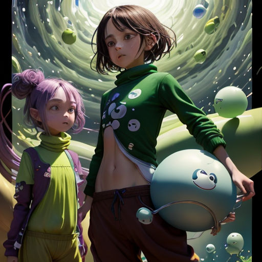 a painting of two girls standing next to each other with bubbles in the background and a spiral design on the wall
