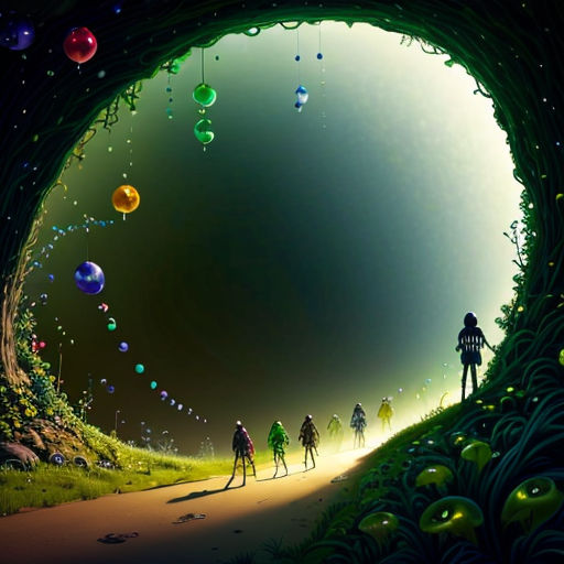 a group of people walking through a tunnel with balloons floating in the air above them and a man standing on a hill