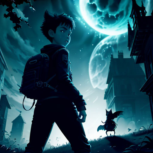 a boy with a backpack is standing in front of a full moon and a full moon in the sky
