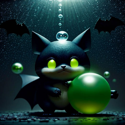 a cat with green eyes holding a ball in the dark with a bat on it's back and a light shining above it