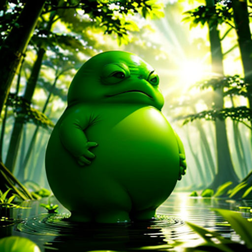 a green frog is standing in the water in a forest with trees and grass on the ground, with the sun shining through the trees