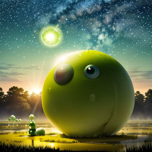 a green ball with eyes and a nose sitting in a field with trees and a star filled sky in the background