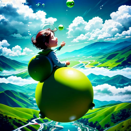 a boy is flying over a green ball in the sky with a green mountain and blue sky behind him