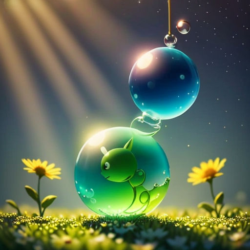 a green and blue ball with a cat on it floating in the air over a field of flowers and sunflowers