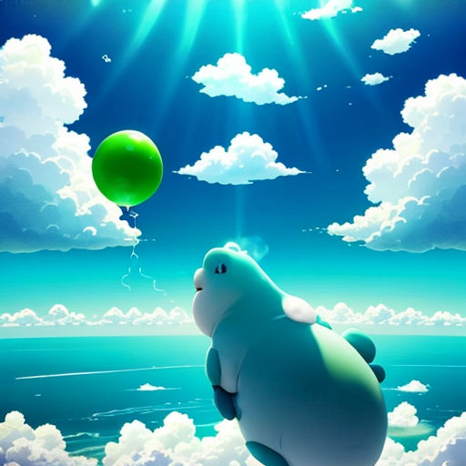 a cartoon character flying through the air with a balloon in the sky above the clouds and a green balloon