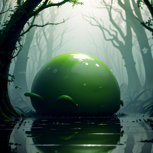 a green ball sitting in the middle of a forest with water and trees around it, with a reflection of the ground