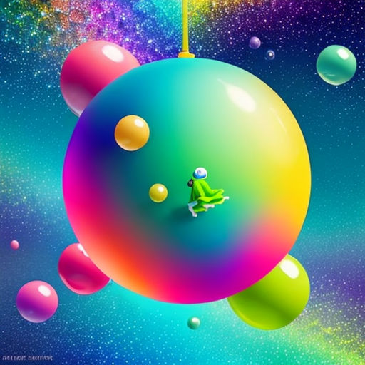 a colorful object floating in the air with bubbles and stars in the background, with a small figure on top of it
