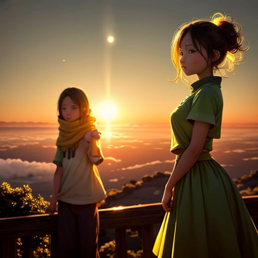 two young girls standing on a balcony at sunset with the sun setting behind them and clouds in the sky
