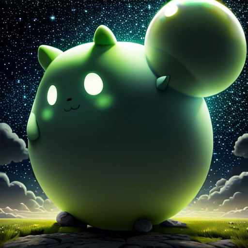 a green cat with a glowing eye sitting on a rock in the grass under a night sky with stars