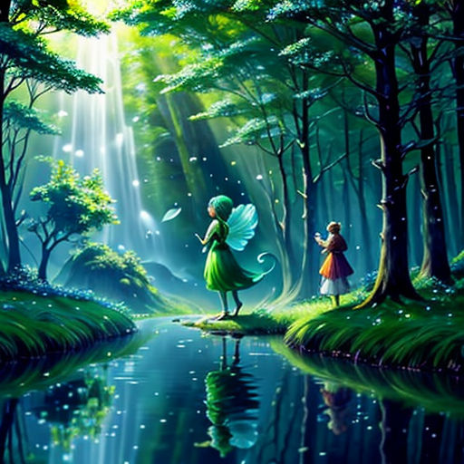 a painting of a fairy and a fairy in the woods by a stream of water with a waterfall in the background