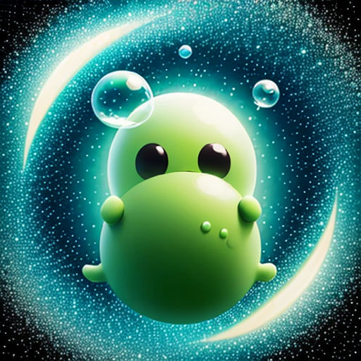 a green alien floating in the air with bubbles around it and a blue ring around it with stars and bubbles