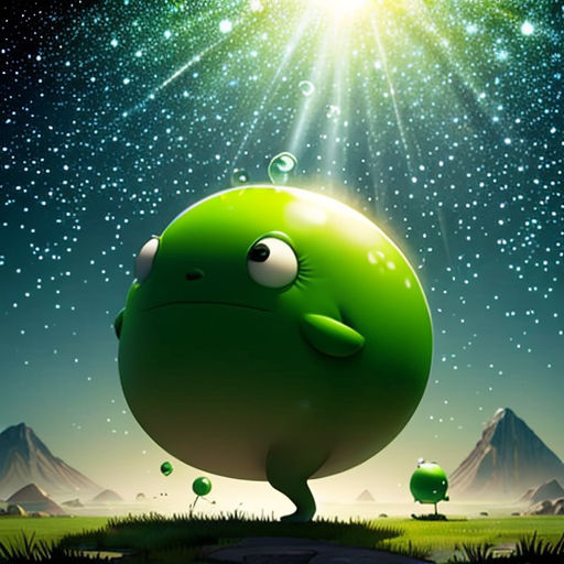a green ball with eyes and a nose is standing in the grass with mountains in the background and stars in the sky