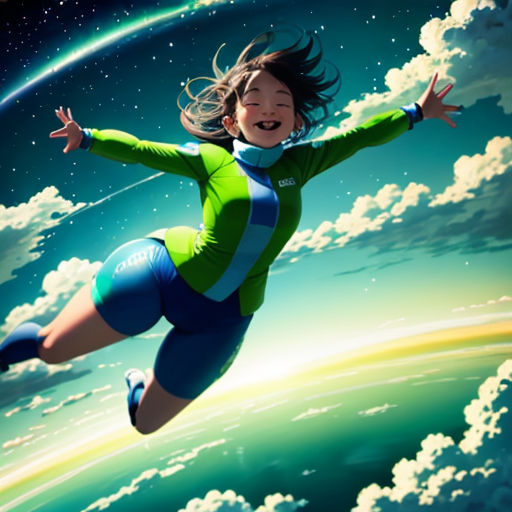 a woman flying through the air while wearing a green shirt and blue shorts and a white scarf on her head