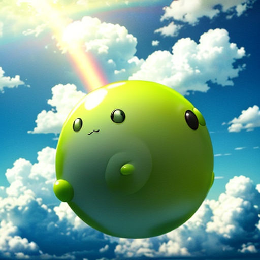 a green object floating in the air with a rainbow in the background and clouds in the sky above it