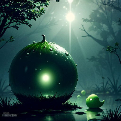 a green ball sitting on top of a pond in the middle of a forest at night with a light shining on it