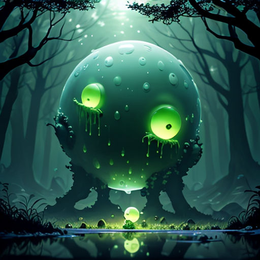 a creepy green monster with glowing eyes in the woods by a pond of water with glowing eyes on it